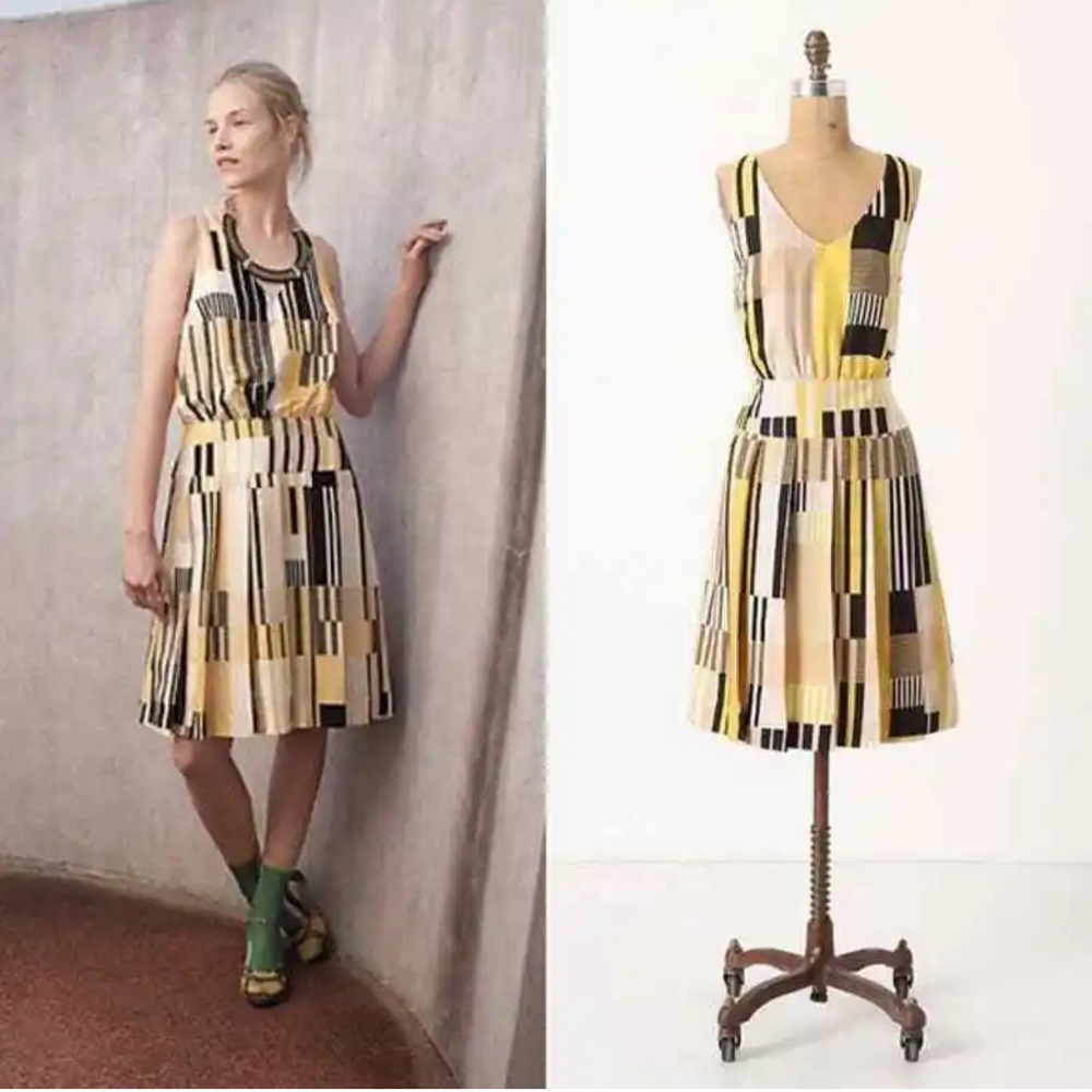 Maeve Anthropologie Otta Yellow Black white Striped Pleated Geometric Dress Silk